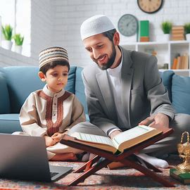 Quran teacher giving live online lesson to a child